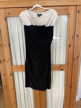 Lauren Ralph Lauren Black and White Draped Cap-Sleeve Midi Dress